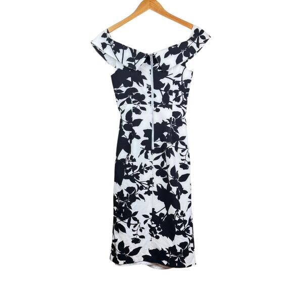 Bardot Black & White Floral Print Off the Shoulder Side Slit Midi Cocktail Dress - Picture 9 of 11